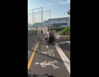 Man on wheelchair pulled by the bicycle Part 2