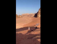 Woman in white keffiyeh kneels on the desert sand