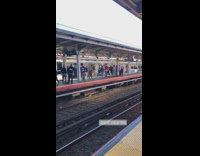 Person wearing mascot costume waits for train