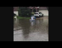 Dad on floatie drags mom on floatie in flooded streets