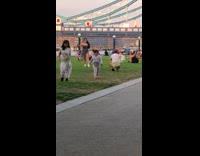 Black dress girl paper fan blue bridge 