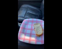 Girl takes sandwich bite in car