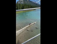 Girl black swimsuit raise leg behind lake