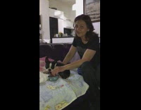Mom hand feeds black white dog couch
