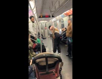 Two guys does acrobatic stunts at subway