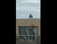 Man in a chair talks in front of camera at the rooftop