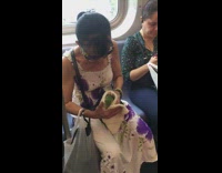 Woman purple flower dress holds green bird towel on train