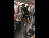 Guy wraps his legs around lady in the air 