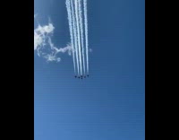 Jet planes in unison fly over houses