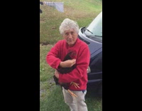 Grandma holds and pets brown chicken 