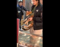 Woman carries cat in carrier at supermarket