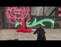 Long red dress neon rose mural girl