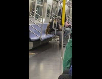 Guy subway wears scuba diving mask goggles 