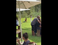 Girl green dress sit grass wine farm