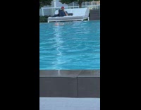 Man on sunbed films woman floats in the pool