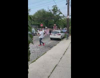 Odd cat statue carried through street