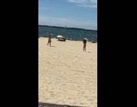 Bikini girl fedora hat jumps back forth