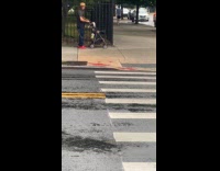 Man pet duck on stroller street rain