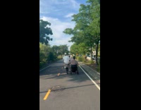 Man on wheelchair pulled by the bicycle Part 1