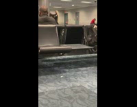Woman long blonde hair dance on airport
