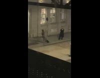 Girl long coat spin pole dance night