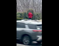 Man red jacket tiktok dance at park