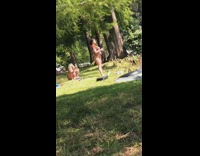 Red bikini girl fishing rod lake grass