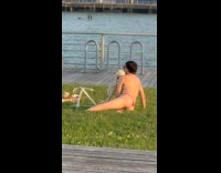 Man at park wearing thong posing with fake skeleton pt. 1