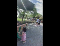 Woman red hair bikini giraffe zoo with kids