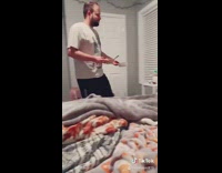 Guy comes into room delivers food to girls 