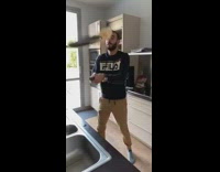 Guy tries to flip an omelette on skillet, skillet breaks from handle