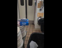 Dog peek at door smell man cook bacon