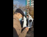 3 people cross street in bird costumes 