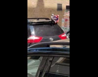 Black van has gray spiderman toy tied to back of car and drives on street