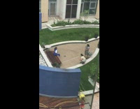 Blue jacket girl wood bench half circle 