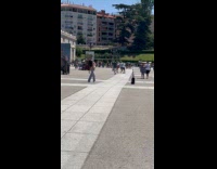 Woman white top dances with palace behind