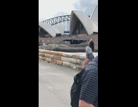 Girl black shorts opera house white shirt 