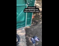 Underwear and condom wrapper beside porta potty