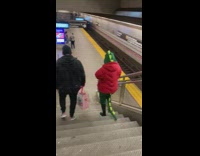 Person walks in dinosaur costume 