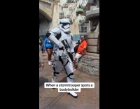 Stormtrooper mimics bodybuilder walk