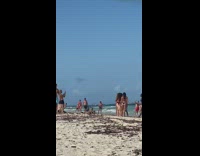 Group women bikini dance run to beach