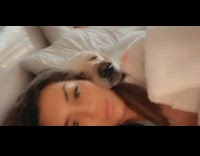 Dog sleeps head on shoulder girl bed