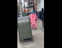 Woman pink fur coat on the sidewalk