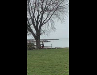 Woman jacket red pants tiktok dance tree