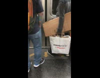 Man holds cardboard box and says theres shit on his face on subway train