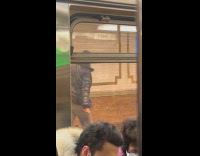 Men carries Christmas tree at subway station 