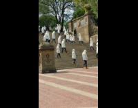 group of guys white sweaters on stairs dancing