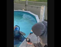 Black shirt guy plastic jug underwater pool 
