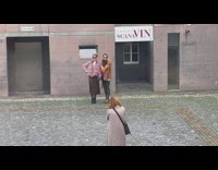 Two model women dress walk together Scanavin