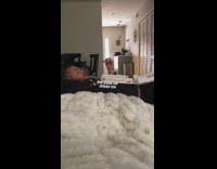 Guy lays on white bed and eats pizza with pizza box on chest, then watches TV